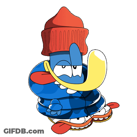 Blue Cartoon Character With Red Hat And Yellow Tongue GIF