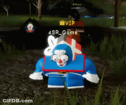 Blue Cartoon Clown Face Standing In Grass In Video Game GIF