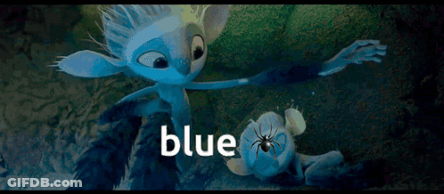 Blue Cartoon Standing Next To Spider With Blue Text GIF