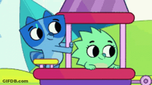 Blue Cat And Green Hedgehog In Pink House GIF