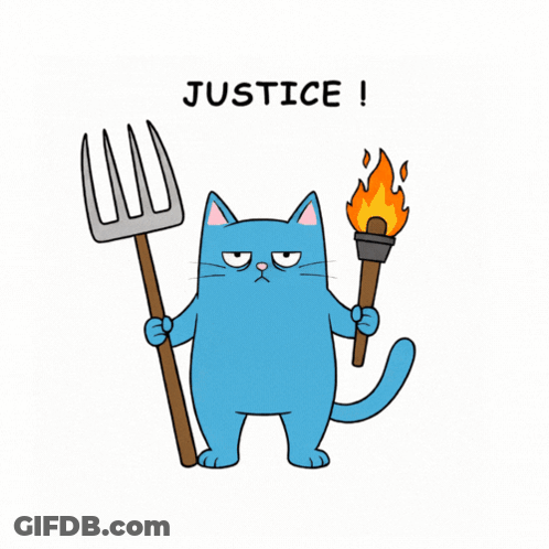 Blue Cat Holding Pitchfork And Torch Justice GIF