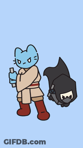 Blue Cat Holding Sword Next To Black Cat GIF