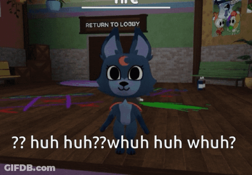 Blue Cat In Front Of Return To Lobby Sign GIF