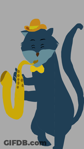 Blue Cat In Hat And Bow Tie Playing Saxophone GIF