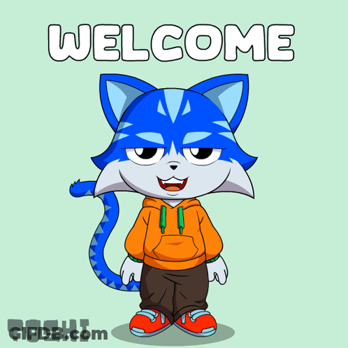 Blue Cat Saying Welcome On Green Background GIF