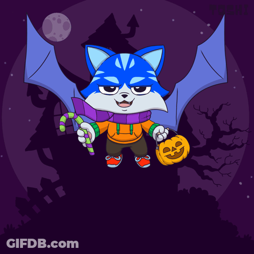 Blue Cat With Bat Wings Holding Pumpkin And Candy GIF