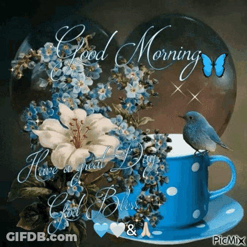 Blue Coffee Cup With Flowers And Bird GIF