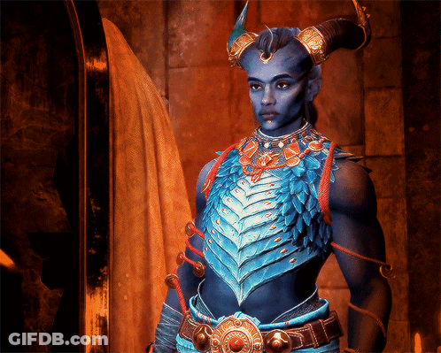 Blue Demon With Horns Standing In Front Of Door GIF