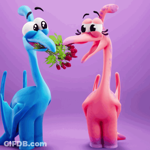 Blue Dinosaur Giving Pink Dinosaur Flowers GIF