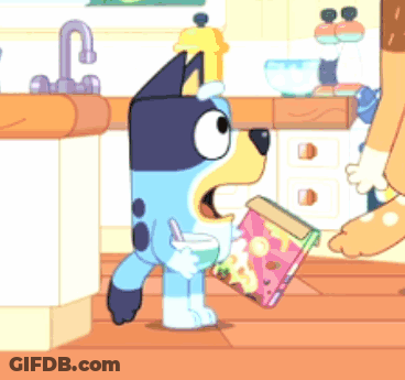 Blue Dog Holding Cereal And Milk GIF