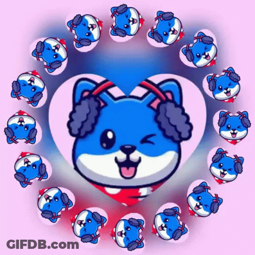 Blue Dog With Ear Muffs And Pink Circles GIF