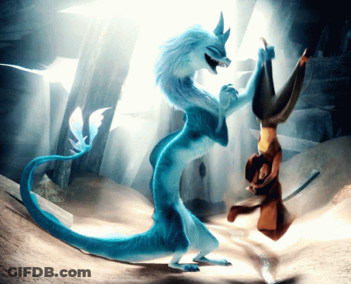 Blue Dragon Standing Next To Brown Monkey GIF