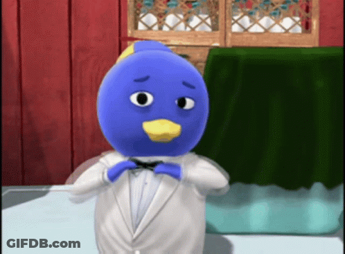 Blue Duck In White Tuxedo Adjusting Bow Tie GIF