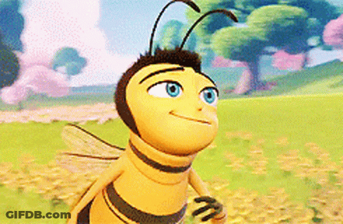 Blue-Eyed Cartoon Bee In Field With Trees GIF