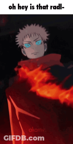 Blue-Eyed Cartoon In Flames Saying Oh Hey Is That Radl GIF