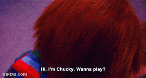 Blue-Eyed Doll Smiling Hi I'm Chucky Wanna Play GIF
