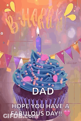 Blue Frosted Cupcake With Candle On Dad Birthday Card GIF