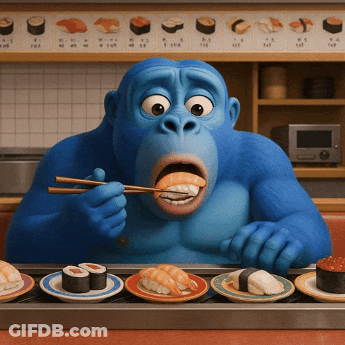 Blue Gorilla Eating Sushi With Chopsticks GIF
