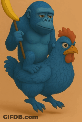 Blue Gorilla Holding Banana Riding Blue Chicken GIF