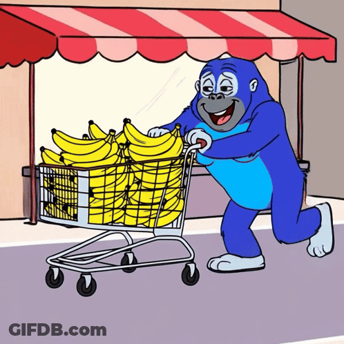 Blue Gorilla Pushing Cart Full Of Bananas GIF