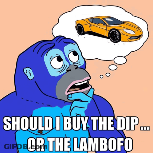 Blue Gorilla Thinking About Yellow Car Should I Buy The Dip Or The Lambo GIF