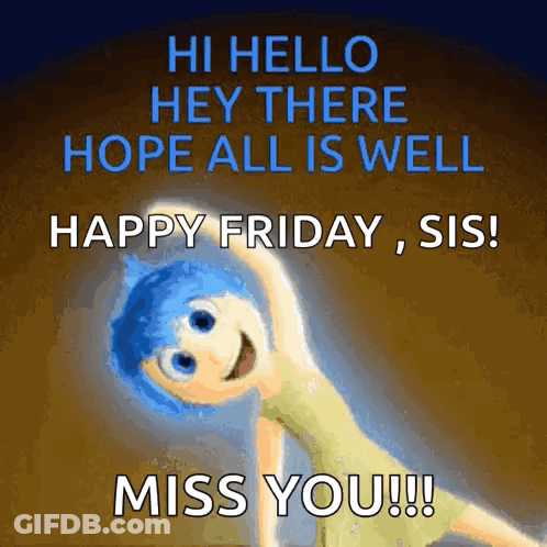 Blue Hair Cartoon Saying Happy Friday Miss You Sis GIF