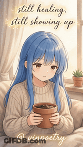 Blue Hair Girl Holding Potted Plant Still Healing Still Showing Up GIF