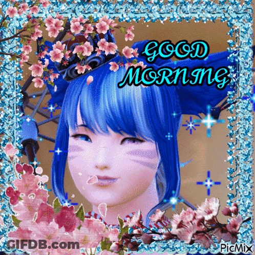 Blue Hair Girl Surrounded By Flowers Good Morning GIF