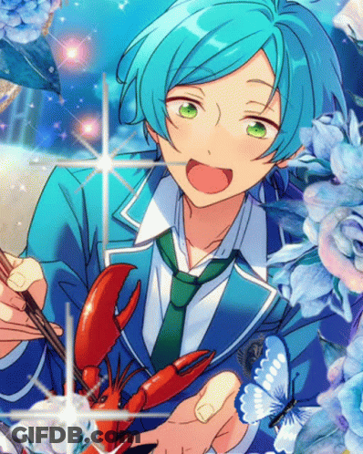 Blue Hair Green Eyes Boy Holding Lobster GIF