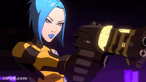 Blue Hair Woman Holding Number 11 Gun GIF