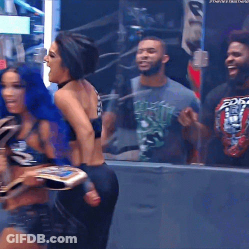 Blue Hair Woman Hugging Another Woman In Wrestling Ring Shirt Says Pay Off GIF