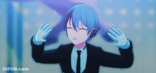 Blue Haired Anime Character In Suit Tie And Headphones GIF