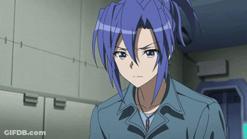Blue-Haired Anime Character Ponytail Looking At Camera GIF
