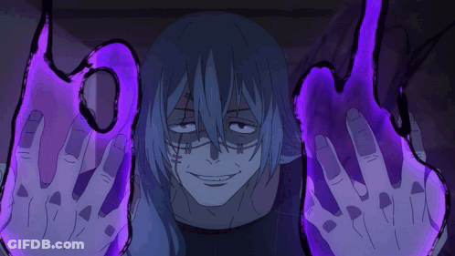 Blue Haired Anime Character With Purple Glowing Hands Smiling GIF