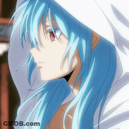 Blue Haired Anime Character With Red Eyes And White Hood GIF