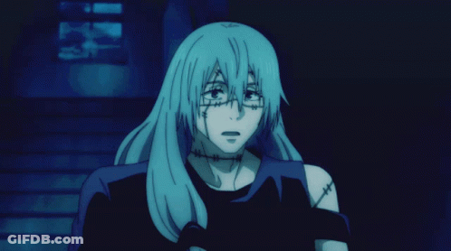 Blue Haired Anime Character With Stitches On Arms GIF