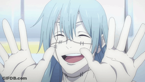 Blue Haired Anime Character With Stitches On Face GIF