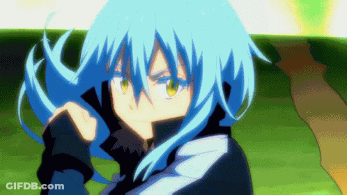Blue Haired Anime Character With Yellow Eyes Standing In Field GIF