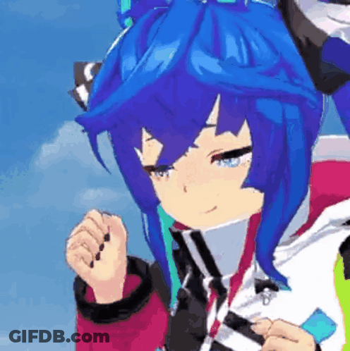 Blue Haired Anime Girl In Red And White Jacket GIF