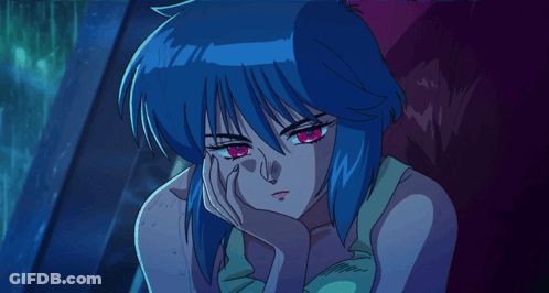 Blue Haired Anime Girl With Red Eyes Resting Face On Hand GIF