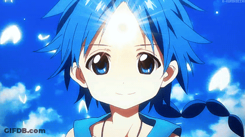 Blue-Haired Boy Smiling In Blue Sky GIF