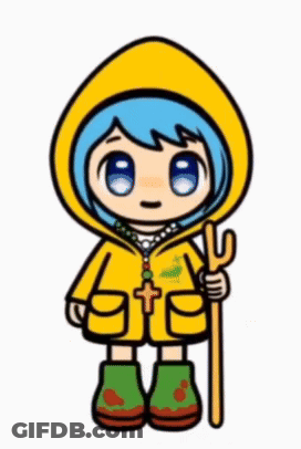 Blue-Haired Cartoon Character In Yellow Raincoat Holding Trident GIF