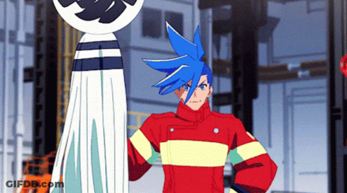 Blue Haired Cartoon Character Next To White Statue GIF