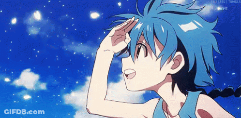 Blue-Haired Cartoon Character Salutes Sky GIF