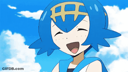 Blue-Haired Cartoon Character Smiling In Blue Sky GIF