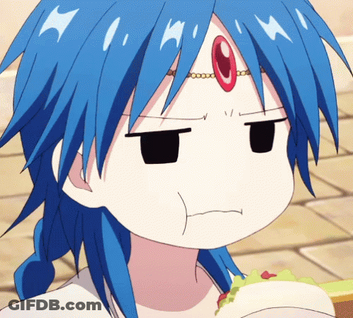 Blue-Haired Cartoon Character With Red Stone On Forehead GIF
