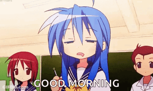 Blue-Haired Cartoon Girl Saying Good Morning At Blackboard GIF
