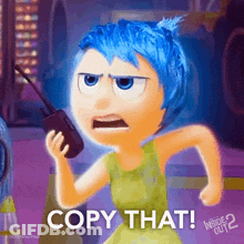 Blue Haired Cartoon Holding Phone Saying Copy That GIF