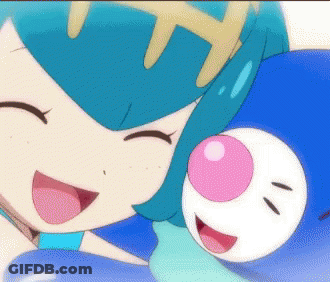 Blue-Haired Cartoon Smiling Next To White Ball With Pink Nose GIF