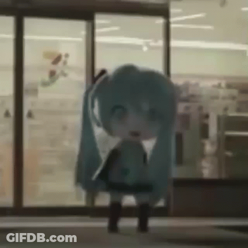 Blue-Haired Doll At Store Door GIF